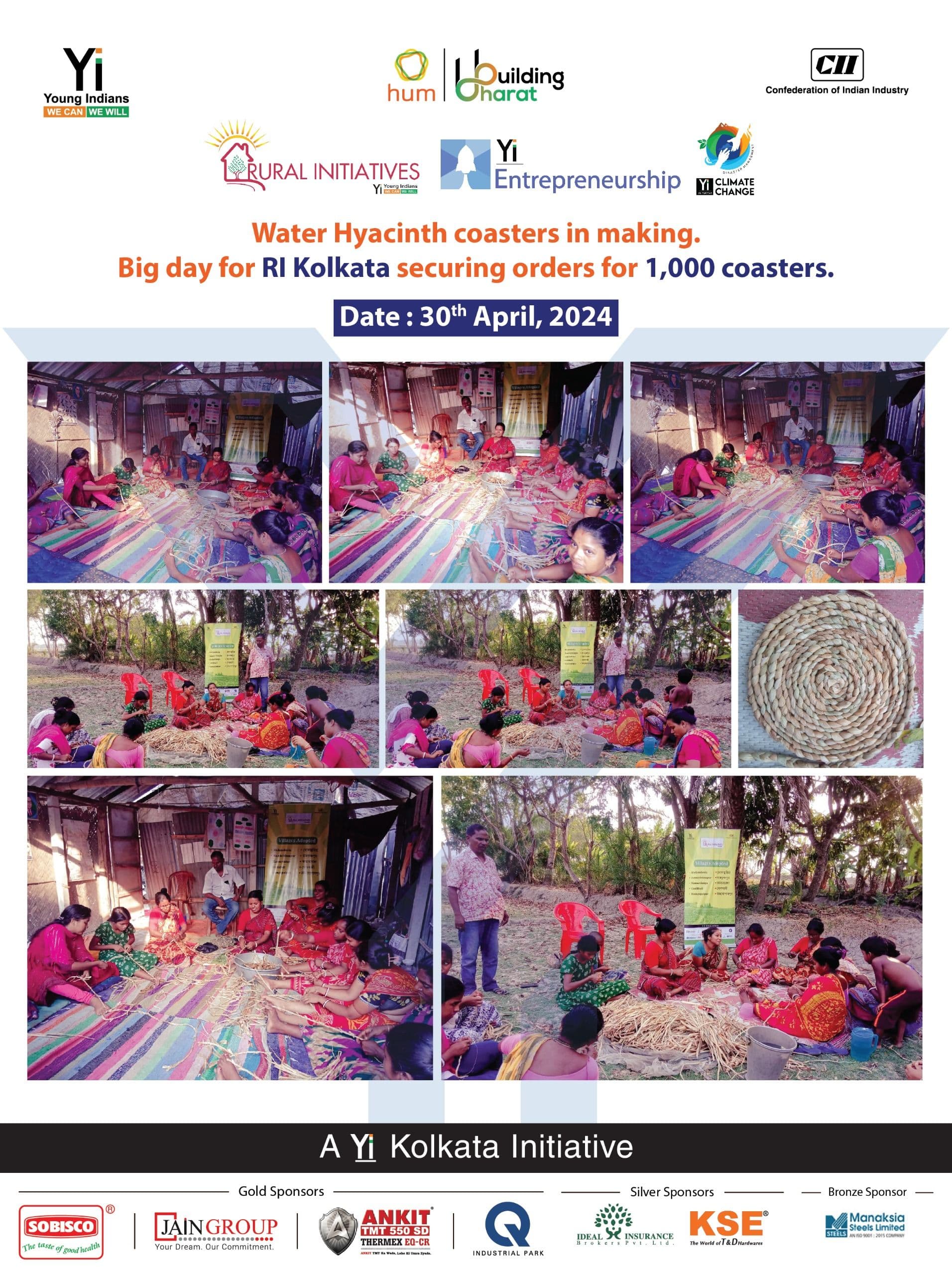 Yi24 | Water hyacinth coasters in making. Big day for RI kolkata securing orders for 1,000 coasters.